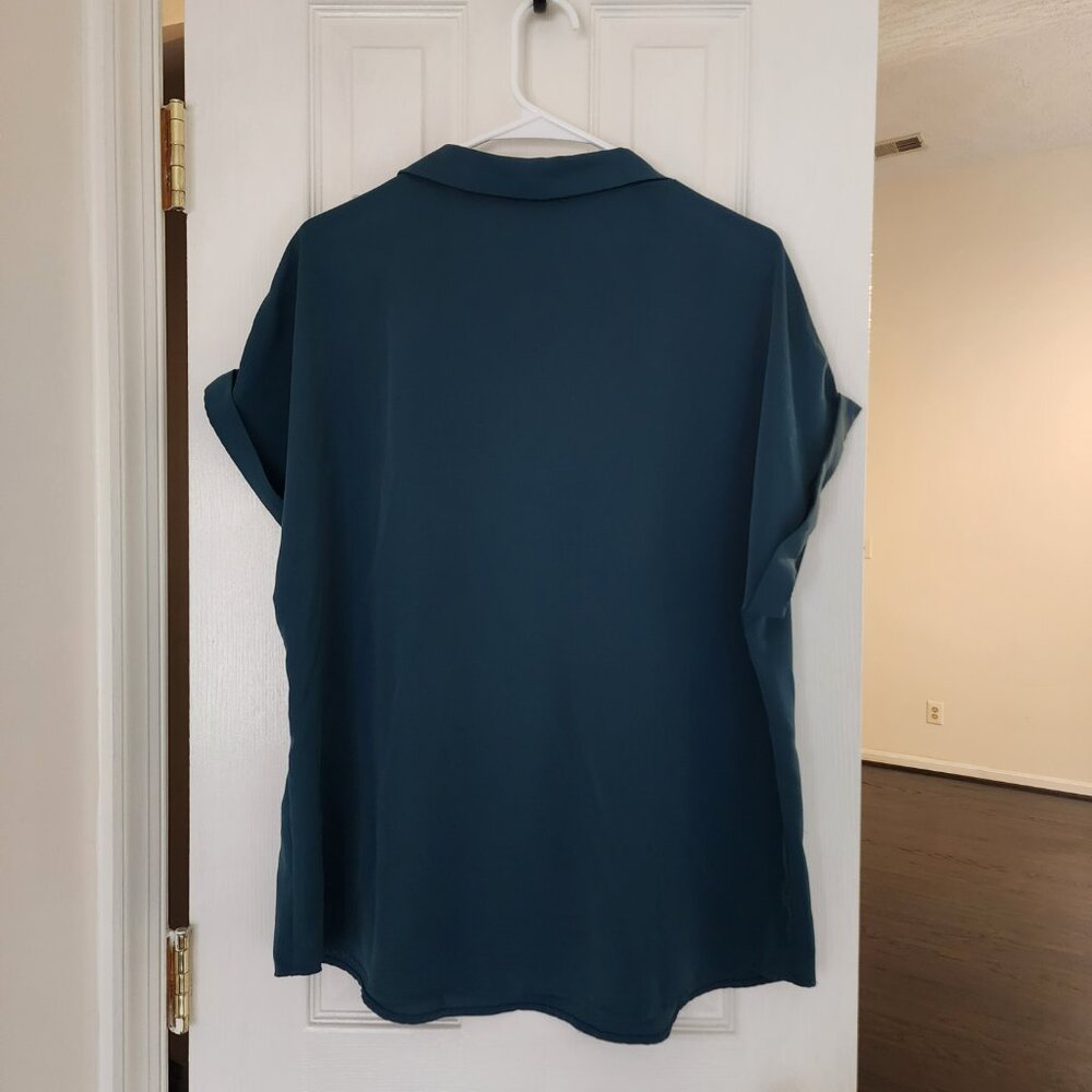 Gaharu Green Summer Work Blouse V Neck Short Sleeve Lapel Shirt Top Tunic | XL - Picture 2 of 5